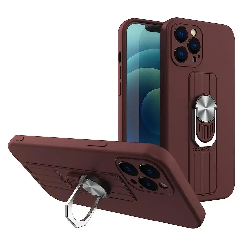 Ring Case silicone maciņš ar statīvu telefonam iPhone 12 mini brūns
