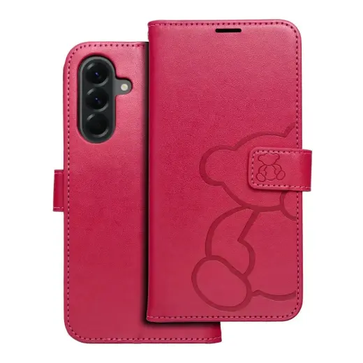 MEZZO teddy bear knyginio tipo telefono dėklas Samsung Galaxy A56 (A566) violetinis (pliušinis meškiukas)
