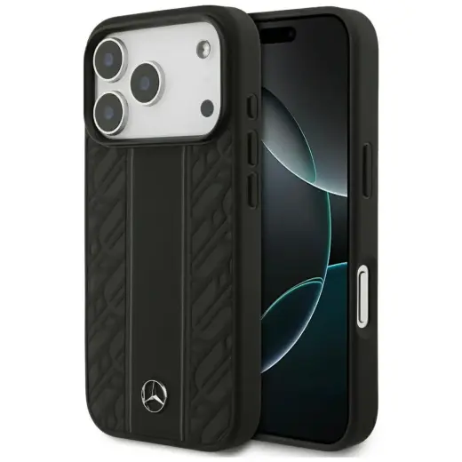 Mercedes Leather Laurel Leaves Stripes telefoniümbris MagSafe toega, mudelile iPhone 17 Pro, must