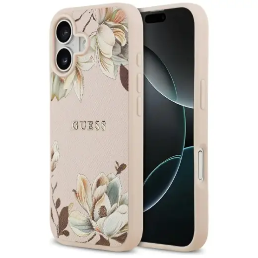 Etui Guess Grained Flowers Classic Logo   MagSafe do iPhone 17 różowy