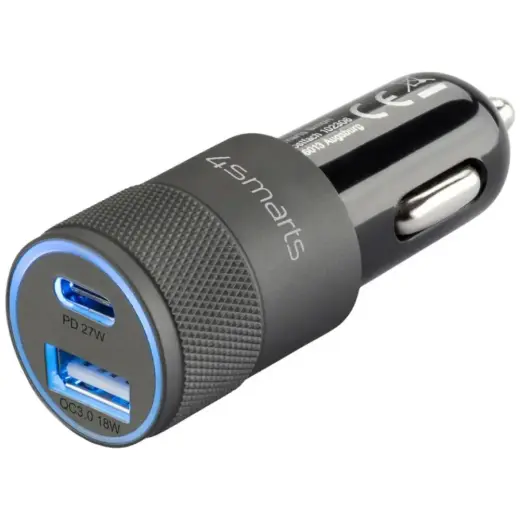 4smarts Rapid+ auto lādētājs | 27W | PD, QC | USB-A, USB-C | pelēks melns