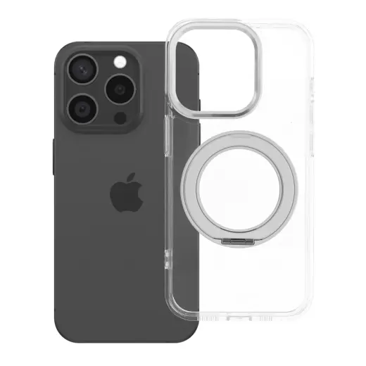 Frame Circle Stand phone case with stand and MagSafe support for iPhone 15 Pro transparent