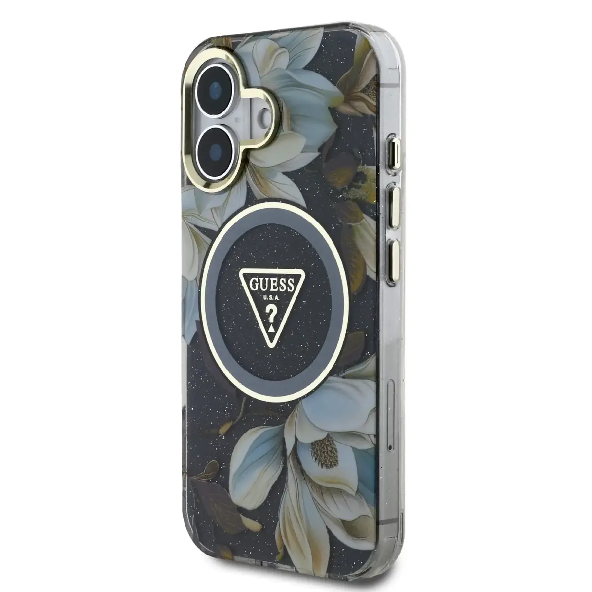 Guess IML Glitter Magnolia and Triangle Logo MagSafe Case for iPhone 16 Black