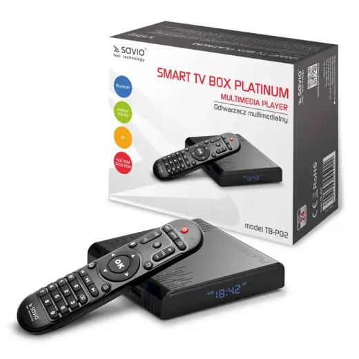 Savio TB-P02 Multimēdijas TV Ierīce Android 9.0 | 8K | Wi-Fi | 4GB | 32GB | 4 x 1.9 Ghz | H.265 | HDMI v2.1 | USB 3.0 | Micro SD