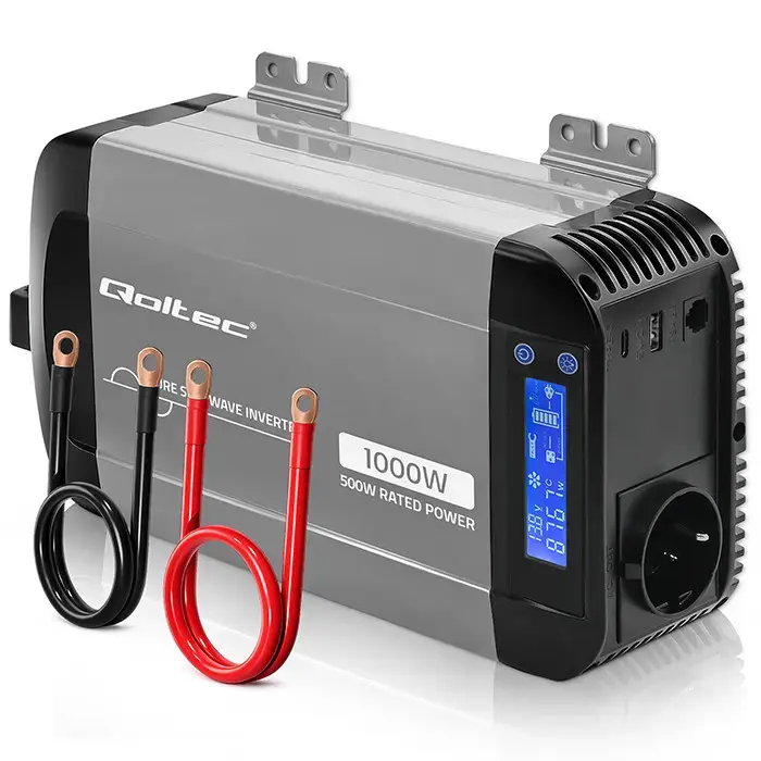 Qoltec Pure Sine Wave Inverter | 12V to 230V | 500/1000W | LCD | USB | USC-C | Compatible with LiFePO4 GEL AGM