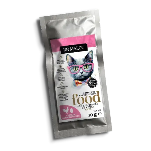 Liofilizēta barība kaķiem - DR Malou, Chicken with chicken hearts CAT KARMA, Adult, 10g