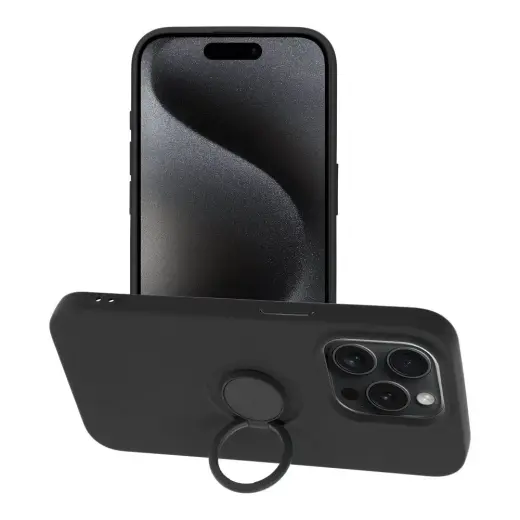 Silicone Ring telefono dėklas su stovu iPhone 15 Pro juodas