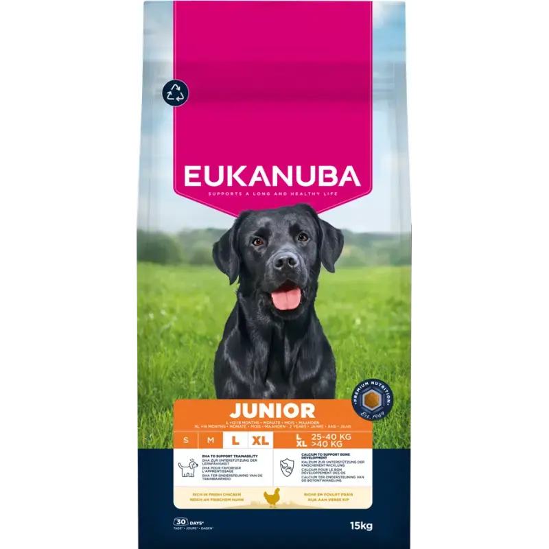 Sausā barība kucēniem - Eukanuba Junior, Large, Chicken 15KG