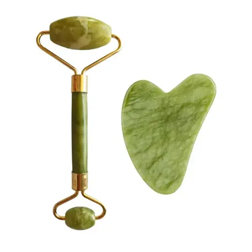 Palsar 7 Light Green Xiuyan Jade Roller and Gua Sha Set (Green Xiuyan Jadeite)