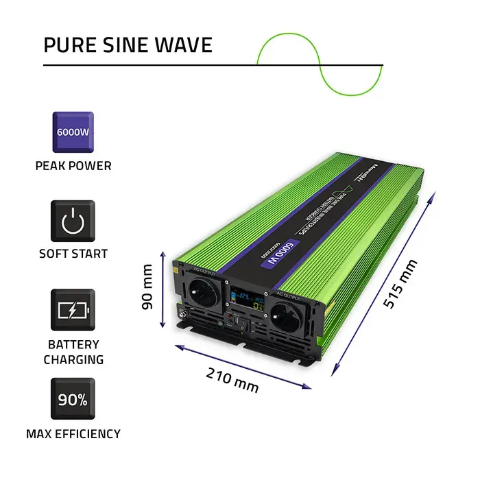 Qoltec Pure Sine Wave Inverter Monolith | battery charger | UPS | 3000W | 6000W | 12V to 230V | LCD
