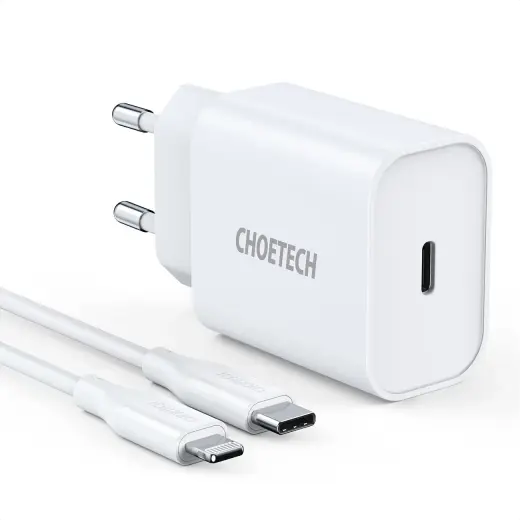 Choetech USB wall charger Type C 20W Power Delivery 3A + MFI USB Type C cable - Lightning 1.2m white (Q5004-V2-EU-CLWH)