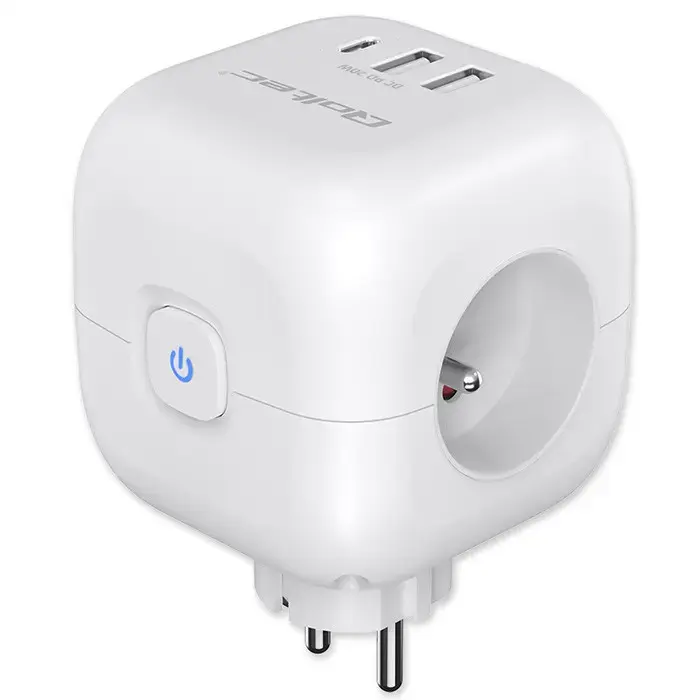 Qoltec Power cube 6-in-1 extension cord with illuminated switch | 3x AC | 2x USB | 1x USB-C PD 20W | White