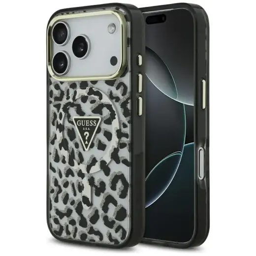 Guess Leopard Glitter maciņš ar MagSafe atbalstu telefonam iPhone 17 Pro melns