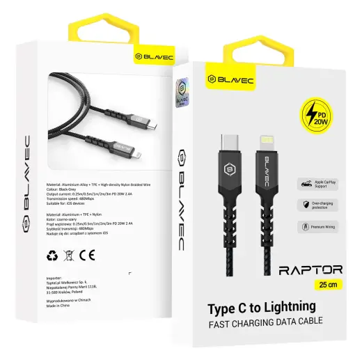 Blavec Raptor CRA-CL24BG025 datu pārraides un uzlādes vads | USB-C uz Lightning | 20W | 0.25m | melns, pelēks