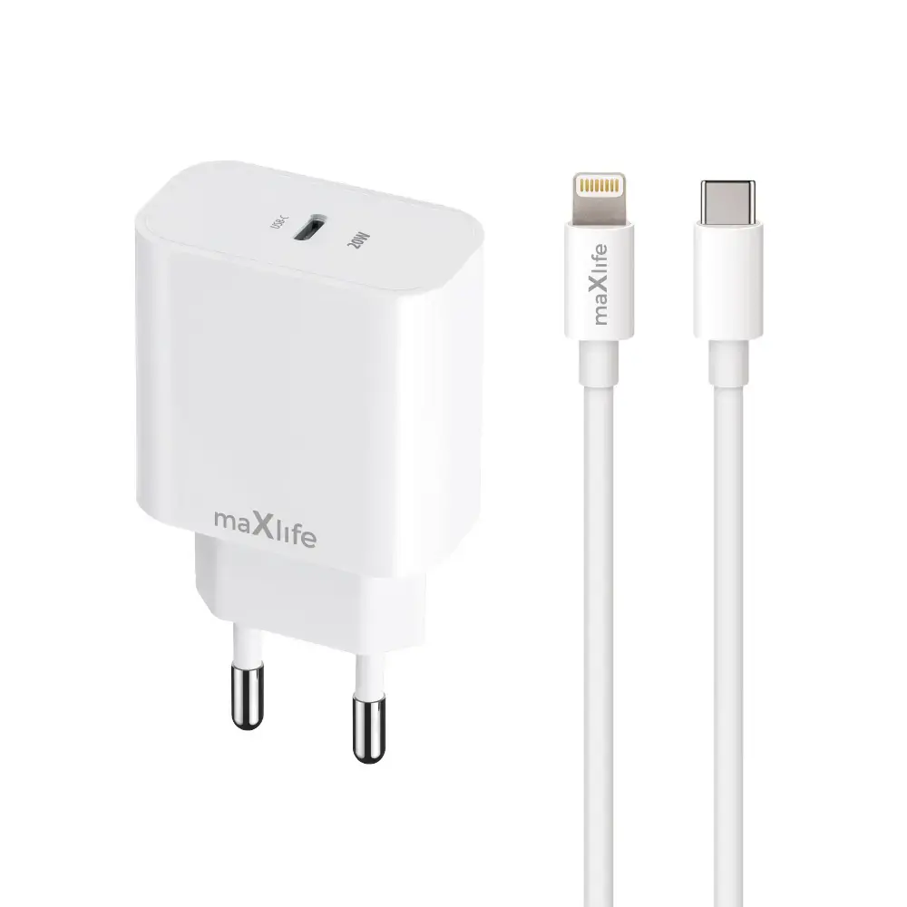 Maxlife MXTC-06-20C tīkla lādētājs | 20W | PD, QC | USB-C | USB-C uz Lightning vads komplektā | balts