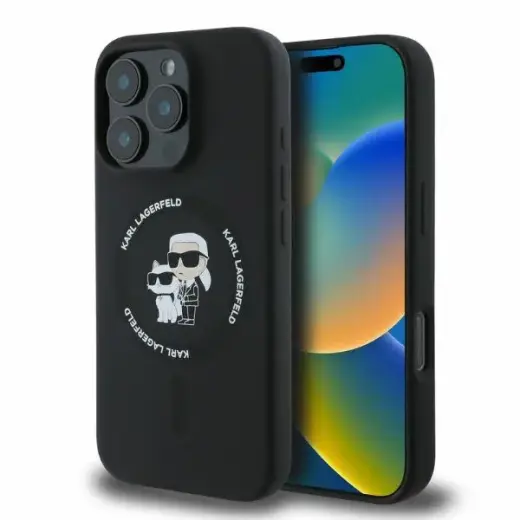 Karl Lagerfeld KLHMP16XSCMKCRHK Silicone KC Heads maciņš ar statīvu un MagSafe atbalstu telefonam iPhone 16 Pro Max melns