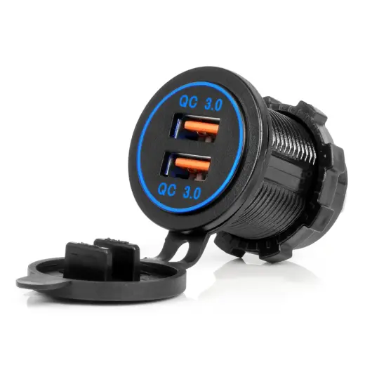 Waterproof Phone Charger with BLUE LED Backlight 2xUSB QC3.0 12/24V AMIO-04218