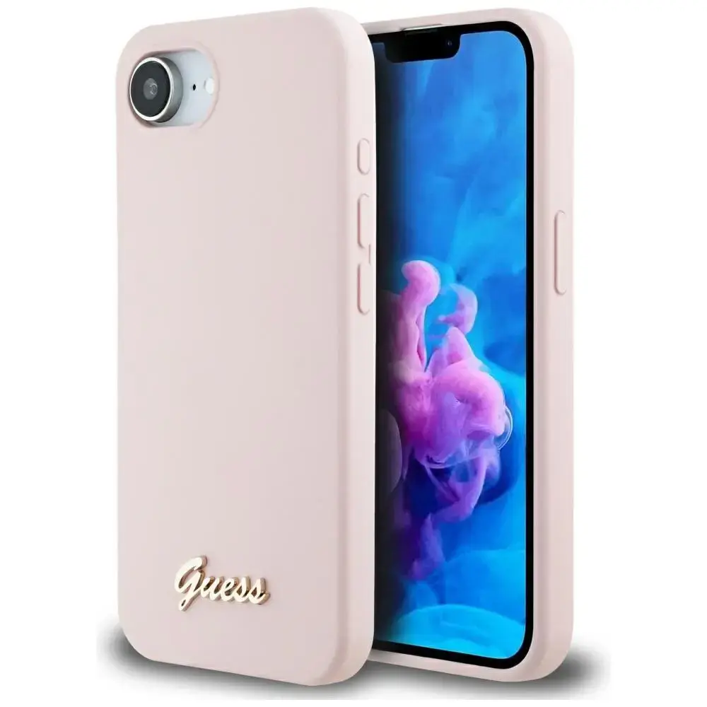 Case Guess Silicone Script Metal Logo    MagSafe for iPhone 16e pink
