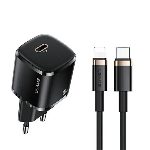 USAMS T36 travel charger | 20W | USB-C, Lightning | with Lightning cable included | black