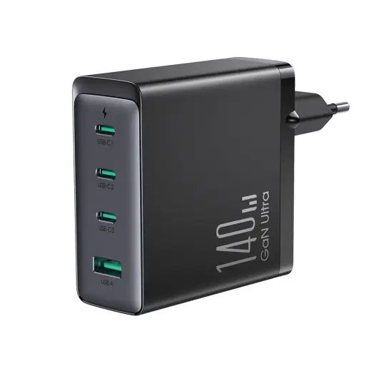 Fast charger GaN 140W 3 x USB-C | USB-A Joyroom JR-TCG05EU - black + USB-C cable - USB-C 240W 1.2m