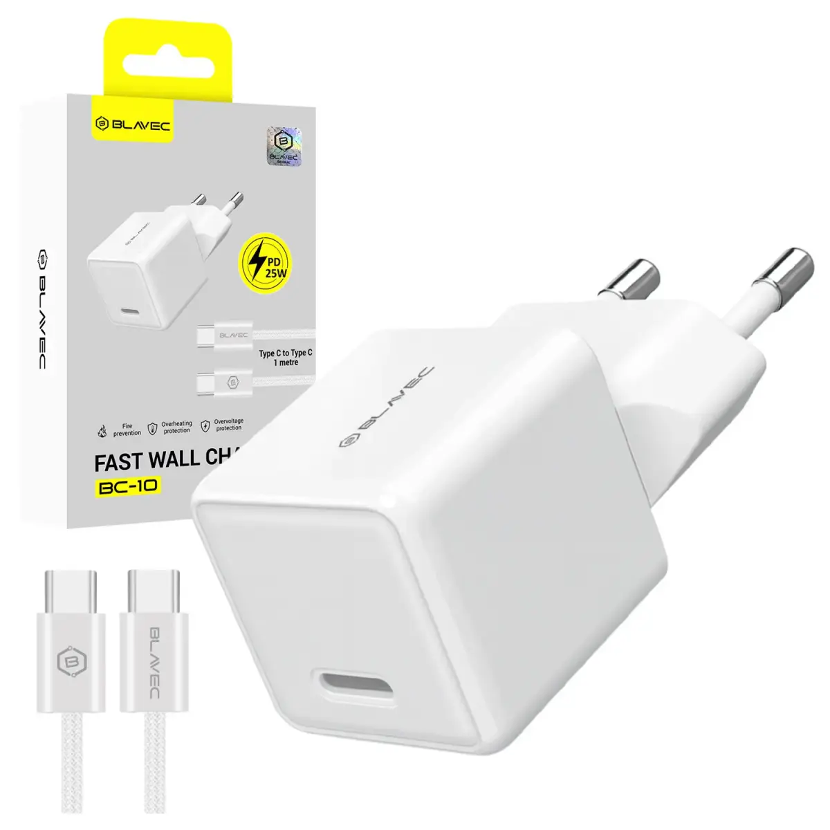 Blavec BC-10 tīkla lādētājs | 25W | PD | USB-C | ar USB-C uz USB-C vadu komplektā | balts