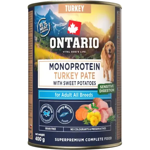 Konservi suņiem - Ontario Adult canned food, monoprotein turkey pāté with sweet potatoes, 400 g