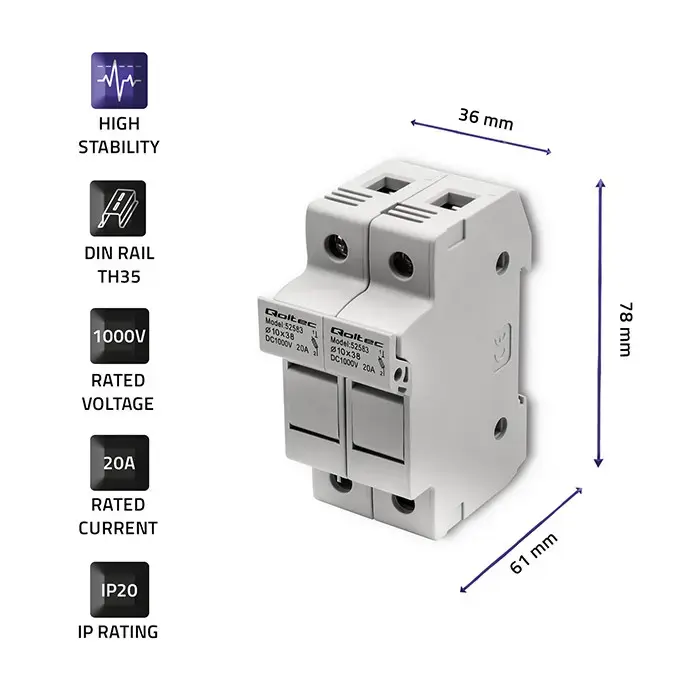 Qoltec Fuse base + DC fuse | 2P|1000V |20A |10x38 |solar