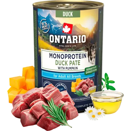 Konservi suņiem - Ontario Adult Monoprotein Duck Pate with Pumpkin 400g