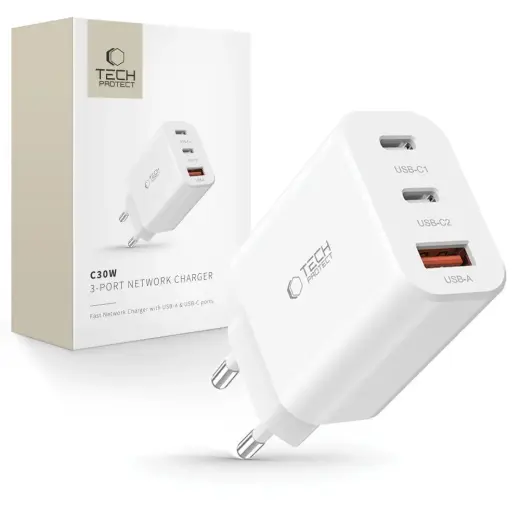 Tech-Protect NC30W travel charger | 30W | PD, QC3.0 | USB-C, USB-A | white