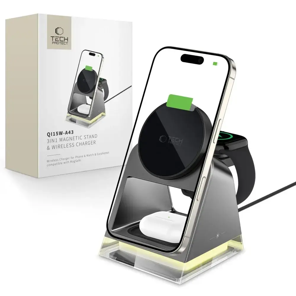 Tech-Protect QI15W-A43 3-in-1 bezvadu lādētājs | Qi | Saderīgs ar MagSafe | 23W | melns
