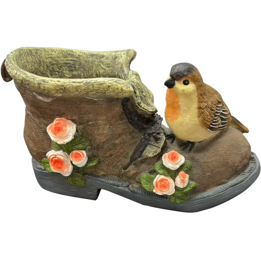 BESK Garden decor Little bird on a boot, 20x10x12cm