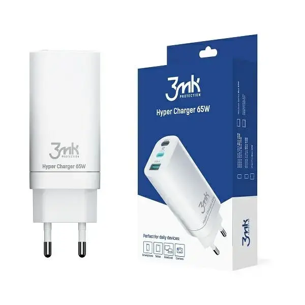 3MK HyperCharger travel charger | 65W | GaN, PD, QC | USB-C, USB-A
