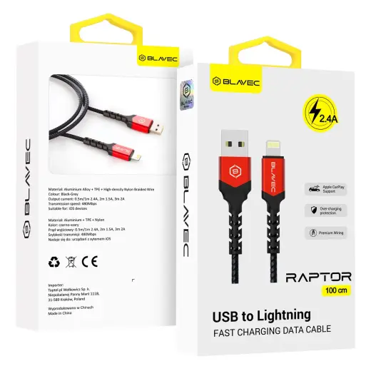 Blavec Cable Raptor braided - USB to Lightning - 2,4A 1 metre (CRA-UL24BR10) black-red