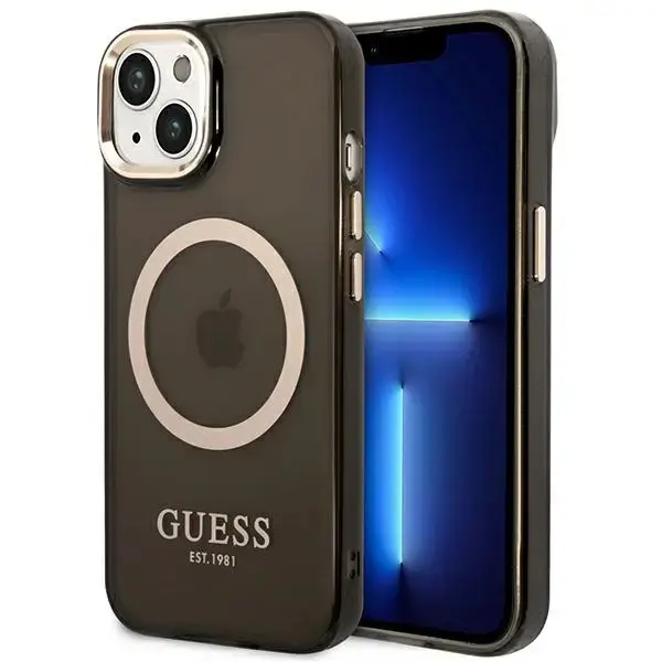 Guess GUHMP14SHTCMK iPhone 14 | 15 | 13 6.1" czarny|black hard case Gold Outline Translucent MagSafe