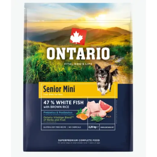 Barība suņiem – Ontario Senior Mini, Fish and Brown Rice, 2,25 kg
