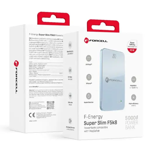 Forcell F-Energy SuperSlim F5K8 ārējais akumulators (powerbank) | 5 000 mAh | 15W | PD, QC | MagSafe | zils