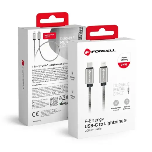 Forcell F-Energy C238 duomenų perdavimo ir įkrovimo laidas | USB-C į Lightning | PD | 27W | 2m | sidabrinis