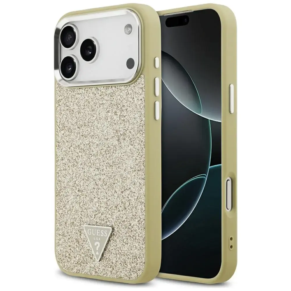 Guess Glitter Triangle Logo maciņš ar MagSafe atbalstu telefonam iPhone 17 Pro Max zeltains