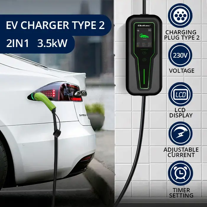 Qoltec Mobile charger for EV 2-in-1 Type2 with regulation | 3.5kW | 230V | SCHUKO 16A | LCD | Portable | Wallbox | 5m