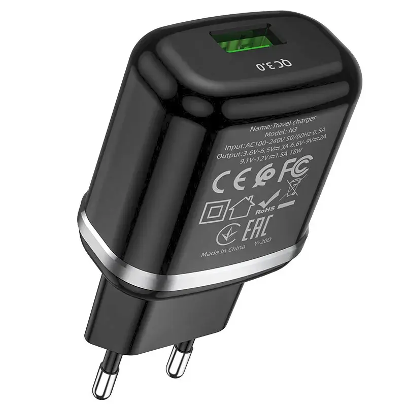 HOCO N3 tīkla lādētājs | 18W | QC | USB-A | melns