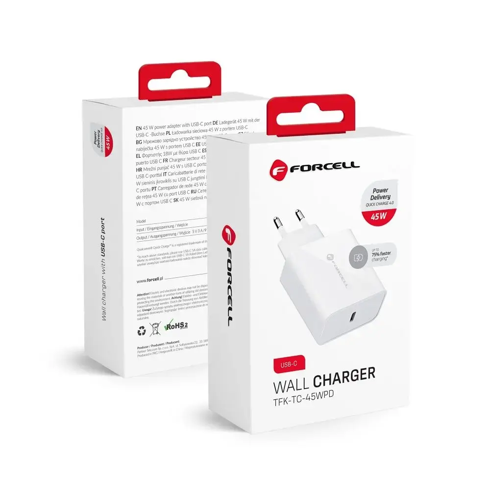 Forcell F-Energy TFK-TC-45WPD tīkla lādētājs | 45W | PD, QC | USB-C | balts