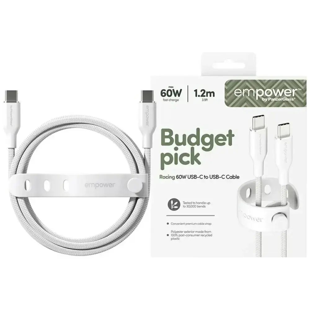 PanzerGlass Racing datu pārraides un uzlādes vads | USB-C uz USB-C | 60W | 1.2m | sudraba krāsā, balts