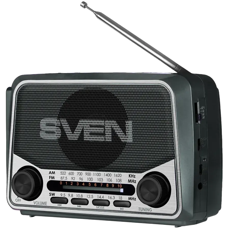 Speaker SVEN SRP-150, gray (3W, Bluetooth, FM/AM/SW, USB, microSD, flashlight, battery)