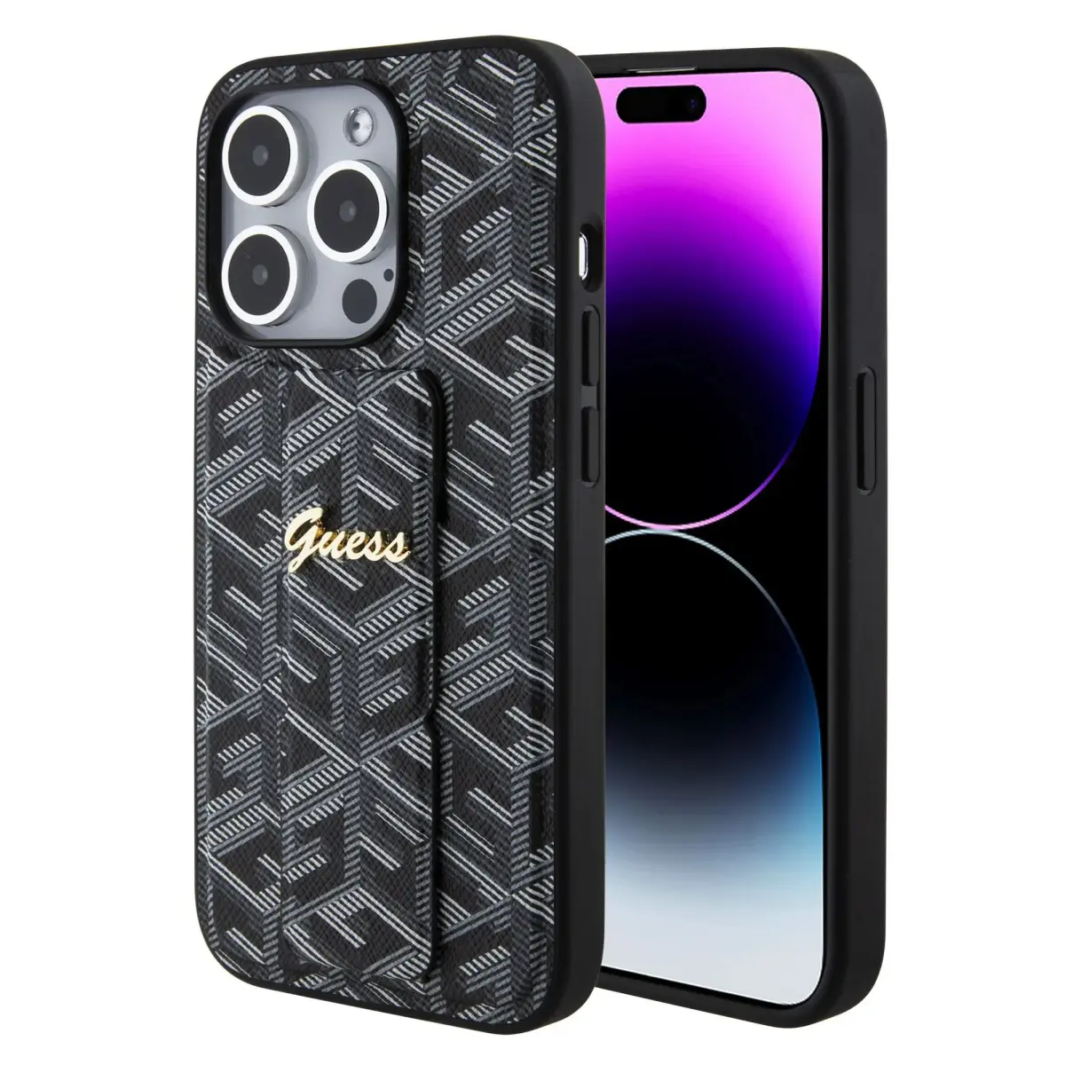 Guess PU Grip Stand G Cube Case for iPhone 15 Pro Max Black