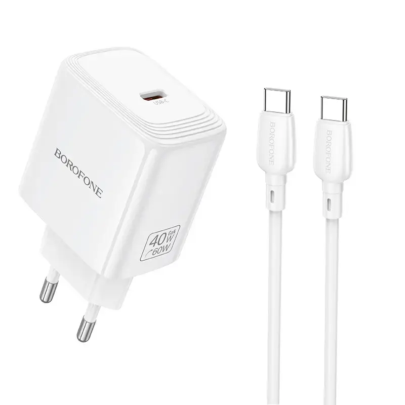 Borofone BN33 Fuente tīkla lādētājs | 40W | PD, QC, GaN, PPS | USB-C | ar USB-C uz USB-C vadu komplektā | balts