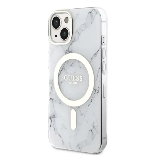 Guess IML Marble MagSafe telefoniümbris iPhone 13 jaoks, valge