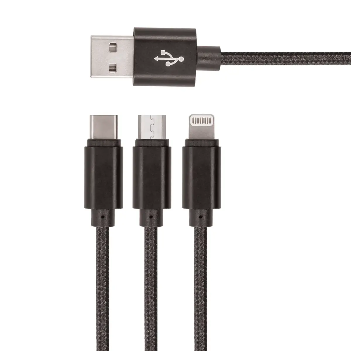 Setty 3in1 USB neilona kabelis, melns R 3-in-1 datu pārsūtīšanas un uzlādes kabelis | USB-A uz Micro USB, USB-C, Lightning | melns