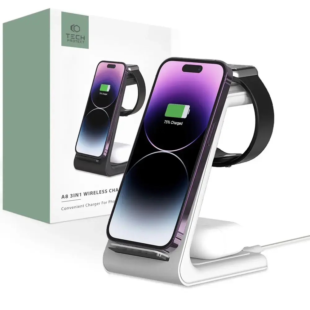 Tech-Protect A8 10W inductive charger in the form of a 3-in-1 stand for a smartphone | headphones | smartwatch - white