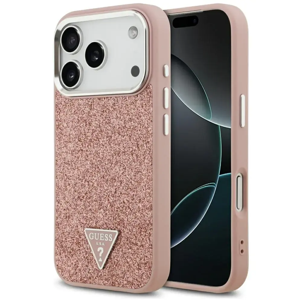 Guess Glitter Triangle Logo maciņš ar MagSafe atbalstu telefonam iPhone 17 Pro rozā