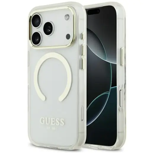 Guess Metal Outline maciņš ar MagSafe atbalstu telefonam iPhone 18 Pro | iPhone 17 Pro zelta krāsā